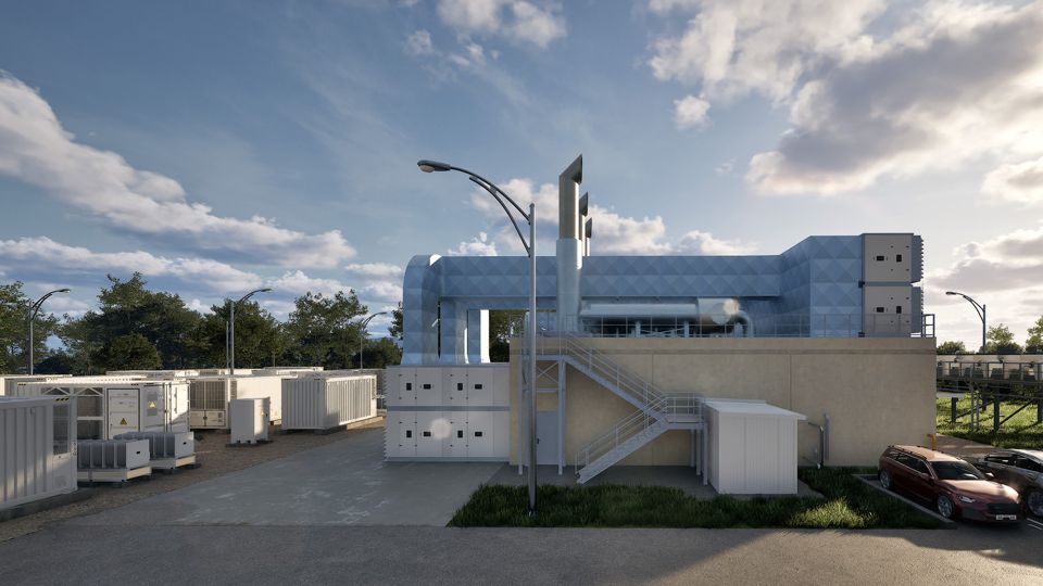Render of a power plant building with exhaust stacks, an external staircase, and battery containers beside it