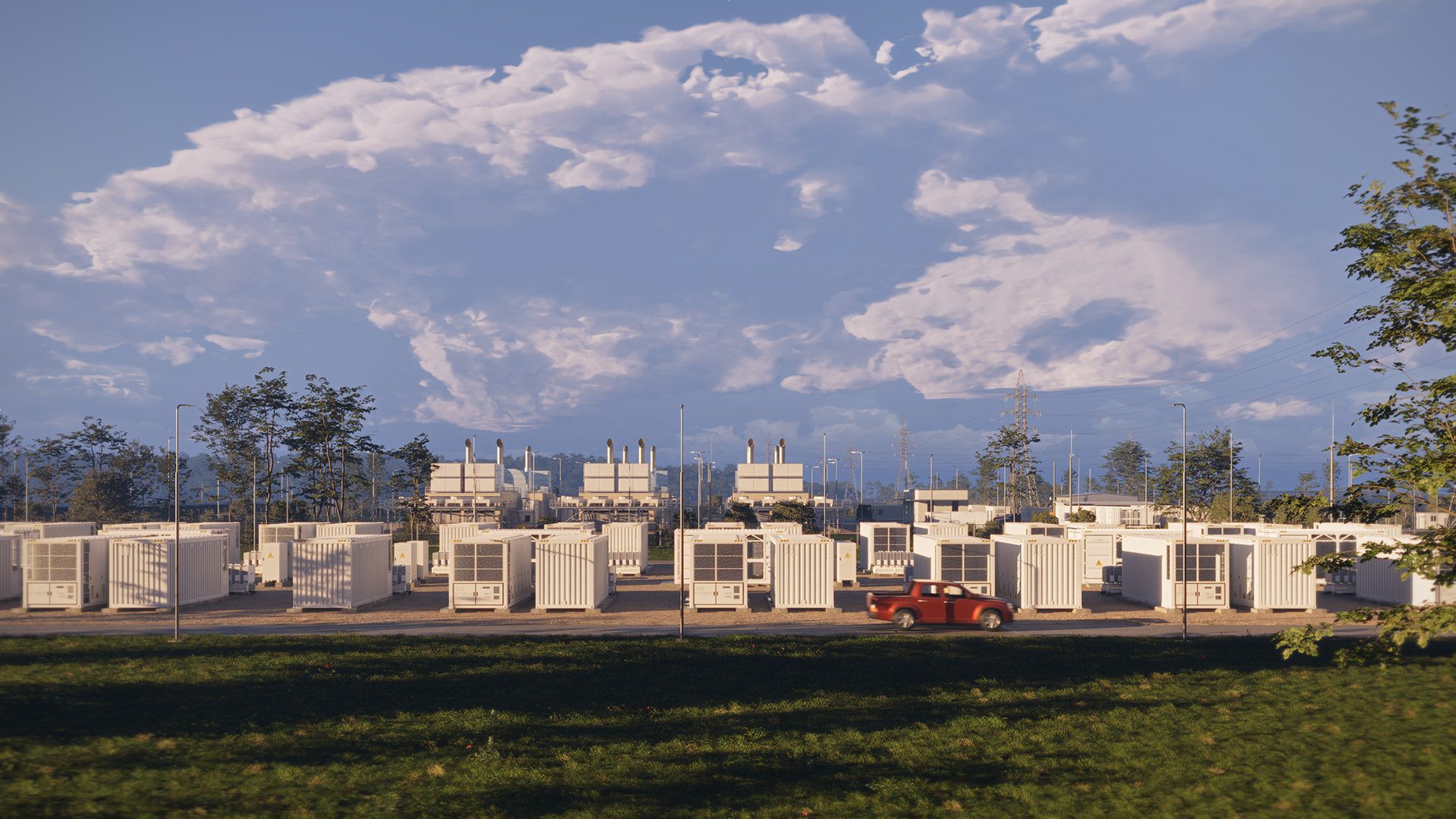 Architectural render of a battery energy storage site on a grassy field under a large cloudy sky