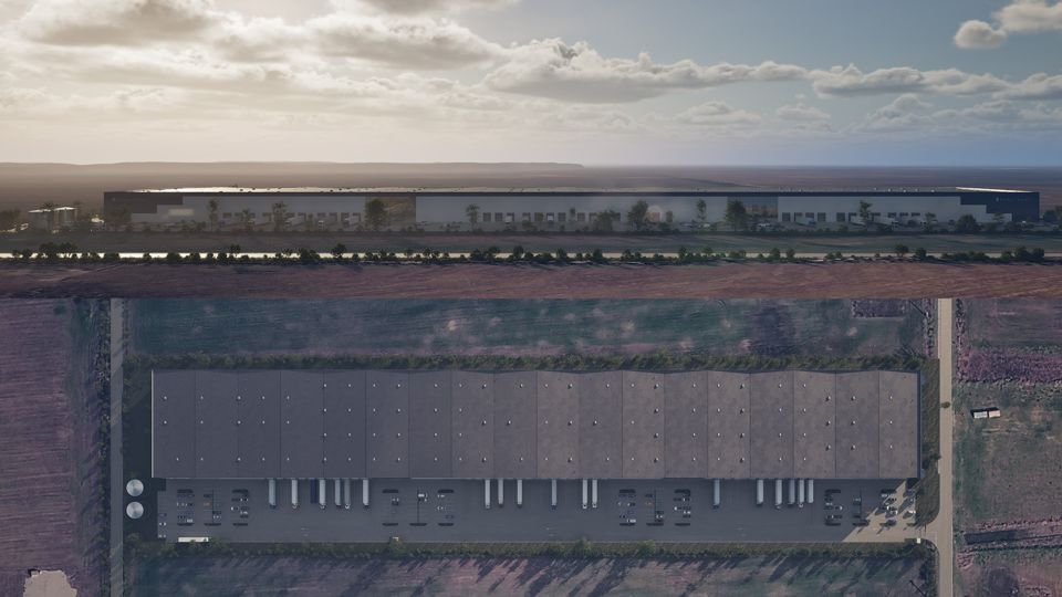 Front elevation and aerial plan view of a large logistics warehouse with loading docks and trucks