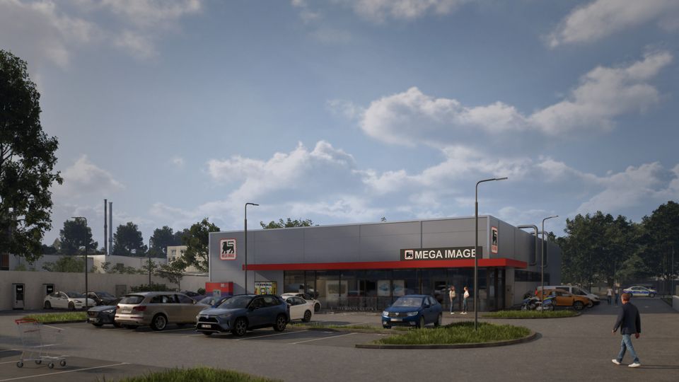 Render of a supermarket with a red canopy, car park, shoppers, and trees
